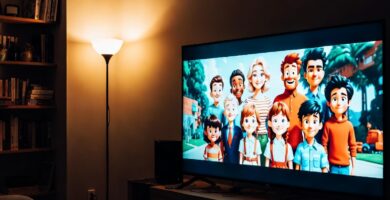 Crianças assistindo filme comendo pipoca no sofá em família