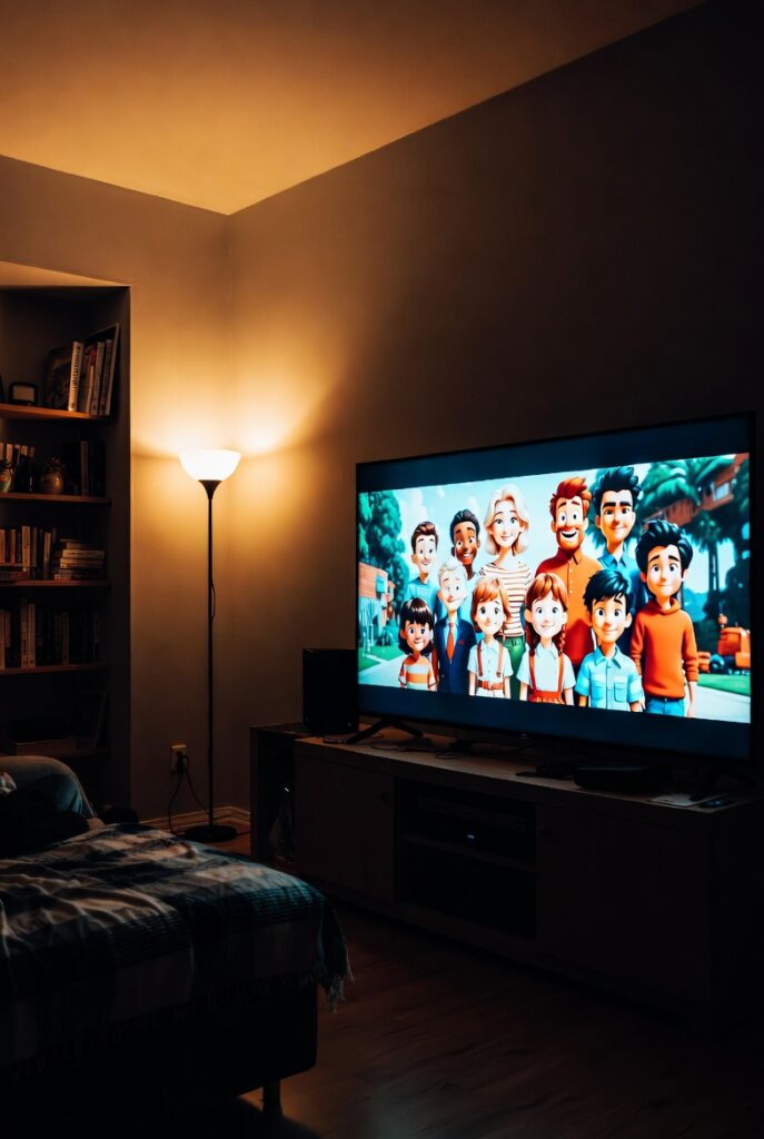 Crianças assistindo filme comendo pipoca no sofá em família