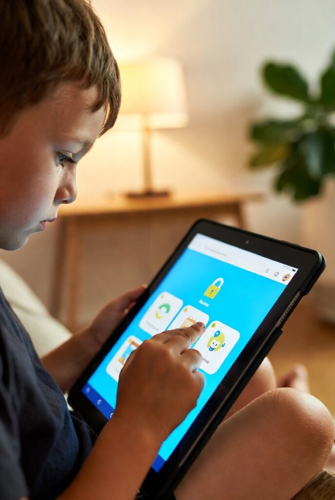 Criança usando tablet de forma segura