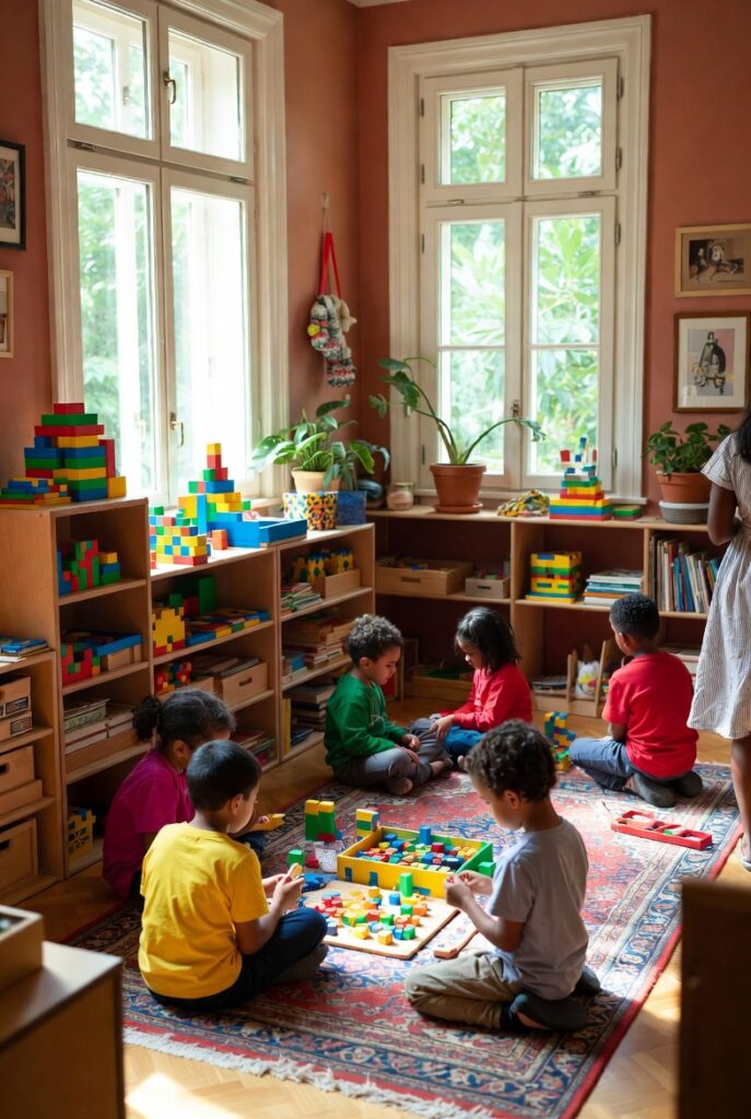 Quarto montessoriano com móveis baixos para autonomia infantil